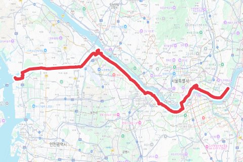 광진구-아라서해갑문인증센터 자전거 코스 지도