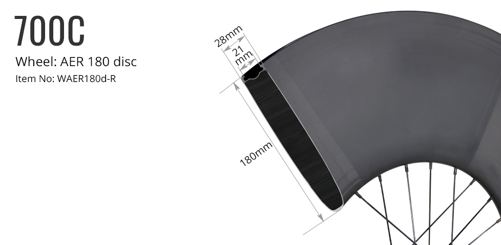 AER180 림 단면도 — 깊이 180mm, 외폭 28mm, 내폭 21mm